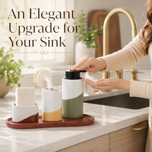 Bosilunlife Ceramic Soap Dispenser Set with Sponge Cup, Brush Cup & Tray | 4-Piece Ceramic Set Includes 12 Oz Foam Soap Dispenser, Sponge Cup, Brush Holder and Tray for Kitchen or Bathroom Counters. - size: Foam Pump