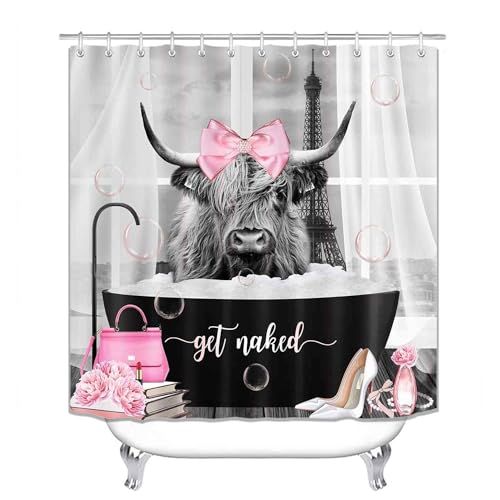 4PCS Fashion Highland Cow Shower Curtain Sets with Rugs, Waterproof Fabric Grey Shower Curtain, Funny Quotes Bull Cattle Pink Floral Bag High Heels Perfume Bathtub Bubble Modern Bathroom Decor - color: Fashion Highland Cow