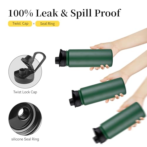 24 oz Insulated Water Bottle Bulk 8 Pack, Stainless Steel Sports Water Bottles with Straw Lid & Wide Mouth Lids, Double Walled Vacuum, Leak Proof, Dark Green - color: Dark Green, size: 24 Ounces-8