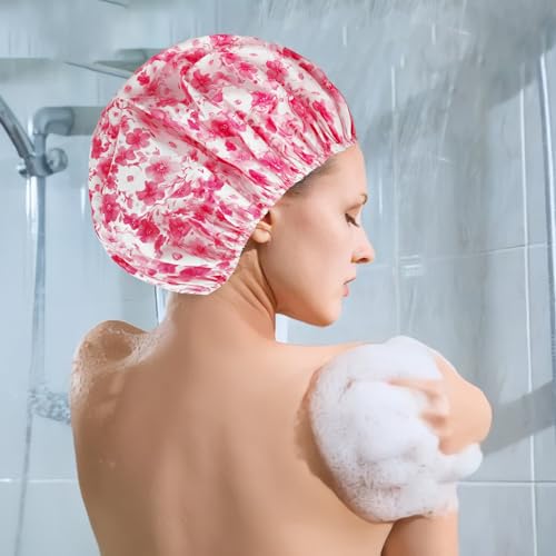 6 PCS Shower Caps for Women, Double Side Waterproof Shower Cap, Reusable Elastic Bath Caps for Shower, EVA Bathing Shower Caps, Bath Hair Caps - Plum Blossom - color: Plum Blossom