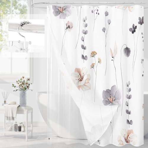 Gibelle Long 3 in 1 Shower Curtain Set, Charcoal Grey Watercolor Floral Bath Curtain and PEVA Liner Set with 12 Double Sided Steel Hooks, Waterproof Fabric Bathroom Curtain 72x78 - color: Charcoal Grey, size: 72"W x 78"L (Pack of 1)