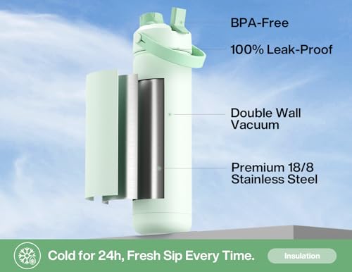 POWCAN 26 oz Insulated Water Bottle: 2-in-1 Straw and Spout Lid, Leak-proof | Keep Cold 24H, Cupholder Friendly, BPA-Free, Stainless Steel Water Bottle for Gift, Trip, Picnic, Camping (Avocado Grove) - color: Avocado Grove, size: 26 Ounces