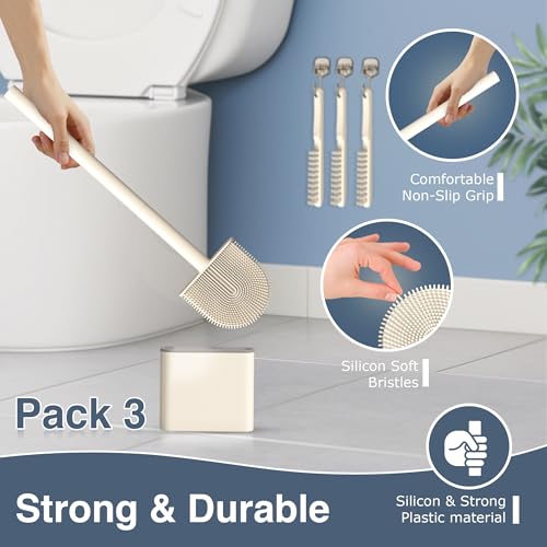3 Pack Silicone Toilet Brushes & Holders– Includes 3 Crevice Brushes for Bathroom, Long Non-Slip Handle – Durable Bathroom Cleaning Set. - size: Pack of 3