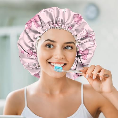 Luxury Shower Cap Silk Satin Lined Waterproof Reusable Adjustable Elastic Dry Hair Bathing Caps Cute for Women Girls-Pink Bowknot - color: C-6-Pink Bowknot