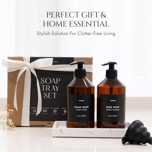 FINESSY Amber Hand Dish Soap Dispenser for Kitchen Countertop and Bathroom with Tray Set for Refillable Liquid Detergent Dishwasher and Lotion Bottles, Farmhouse Kitchen Soap Dispenser Set with Pump - color: Luxe Amber