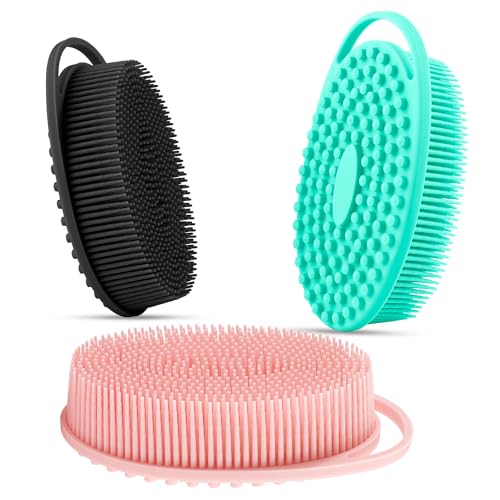 3 Pack Silicone Body Scrubber, Silicone Loofah Exfoliating Soft Body Scrubber, Silicones Body Brush Bath Shower Scrubber for Body, 2 in 1 Bath and Shampoo Wash Brush for Skin Exfoliation Men Women - size: With Handle Black+Pink+Green
