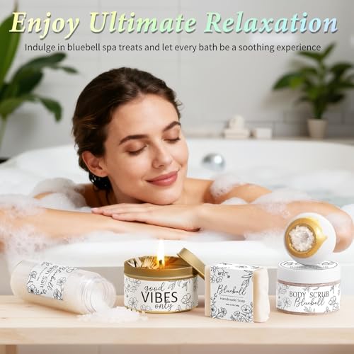 Spa Gifts for Women Bath Gift Set, BlueBell Spa Gift Baskets Home Bath Set Self Care Kit Care Package Thank You Birthday Mothers Day Easter Gifts for Women Her Mom Best Friends Sister Teen Girl Wife - color: White-Bluebell