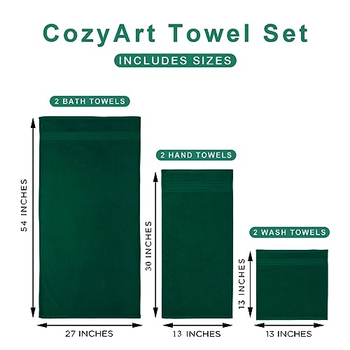 COZYART Dark Green Bath Towel Set 6Pcs, Turkish Cotton Hotel Soft Absorbent Thick Bathroom Towel Sets of 6 with 2 Large Bath Towels, 2 Hand Towels, 2 Washclothes, 650 GSM - color: Green- Dark Green, size: 6 Piece Towel Set