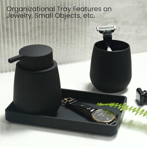 Black Bathroom Accessories Set, Modern 3 Pcs Bathroom Essentials - Soap Dispenser, Toothbrush Holder & Tray, Countertop Vanity Organizer (Black) - color: Black
