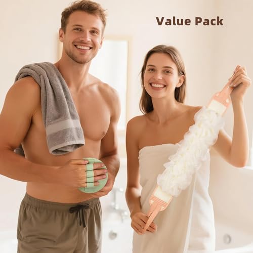 3-Pack Bath Scrubber Kit: 2 Silicone Exfoliating Pats & Double-Sided Long Handle Back Scrubber Bath Puff for Deep Cleansing. (2 Pink & Pink) - color: 2 Pink & Pink