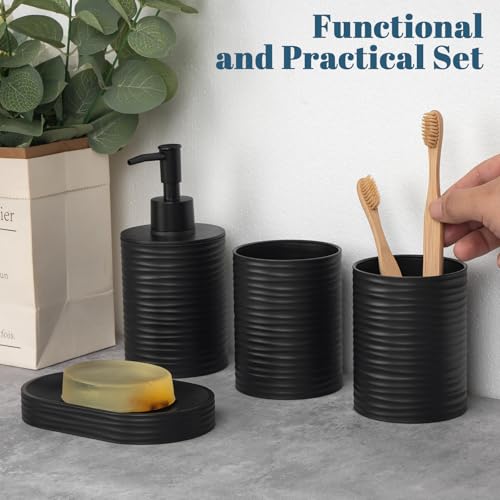 Plastic Bathroom Accessories Set 4Pcs, Black Bathroom Accessory Set Includes Liquid Soap Dispenser with Rust-Proof Plastic Pump, 2Pcs Bathroom Cup, Soap Dish for Modern Home Apartment - color: Black