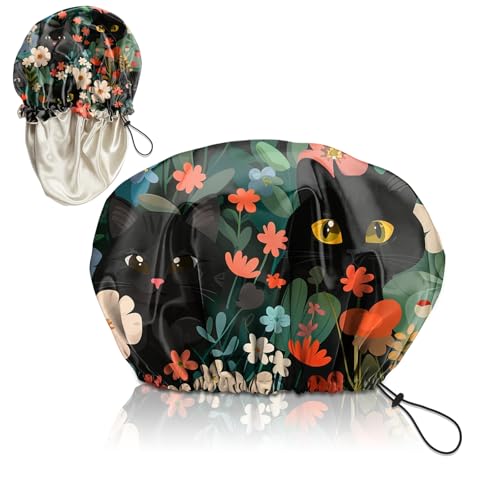 Luxury Shower Cap Adjustable Reusable Double Waterproof Layer Elastic Satin Lined Hair Bath Cap Cute Aesthetic Women Girls (K3-Cat Flower) - color: K3-Cat Flower