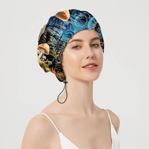 2 PCS Shower Cap Adjustable Reusable Double Waterproof Layer Elastic Hair Bath Cap Cute Aesthetic for Women Girls-Mushrooms Cat - color: I23-Mushroom Cat
