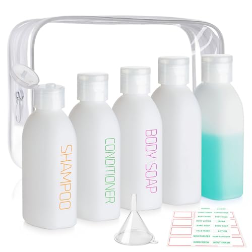 Cosywell Travel Bottles for Toiletries 5 Pack 3.4oz Pre-Printed Shampoo, Conditioner & Body Soap - Soft Touch HDPE Travel Size Containers TSA Approved Leak Proof Squeezable Toiletry Bottle(White) - color: White, style: A-3.4oz-white-3label2blank
