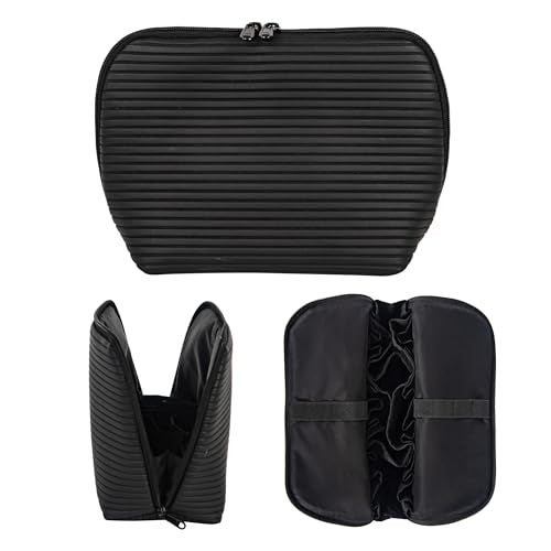 Travel Makeup Bag for Women, Waterproof Stand Up Cosmetic Bag with Brush Holders, Organizer Bag with Compartments, Fold-Down Design for Skincare, Toiletries & Essentials (Black, Medium) - color: Black, size: Medium