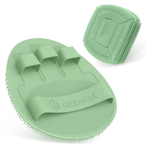 Silicone Bath Glove & Face Scrubber Set 2PCS, 360° Anti-Slip & Hand-fit Body Scrubber for Rich Foaming Deep Cleaning, Unique Facial Scrubber with Side-bristles for Contoured Areas.(Green) - color: Green Set