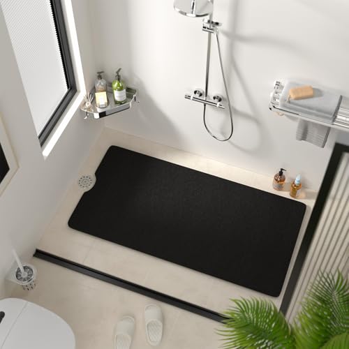 HITSLAM Non Slip Bathtub Mat 40 x 20 Inch, Extra Long Bath Mat for Tub, Soft PVC Loofah Shower Floor Mat with Drain, Quick Drying Bathroom Tub Mat for Wet Area, Without Suction Cup, Black - color: Black, size: 40" x 20" (Rectangular)