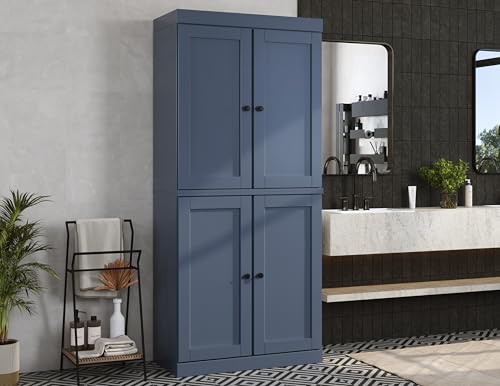 Palace Imports Solid Wood Tall Bathroom Pantry Cabinet with 4 Shaker Doors & Adjustable Shelves, Antique Blue - 100% Eco-Friendly, Renewable, Space-Saving Storage, 71.5" H x 32" W, Made in Brazil - color: Antique Blue