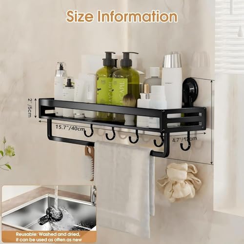 Suction Cup Shower Caddy, 15.7 inch Extended Version, with 5 Hooks & Towel Rrack, No Drilling Required, Rust-Resistant Bathroom Shower Organizer, Black - size: 15.7 inches(US)