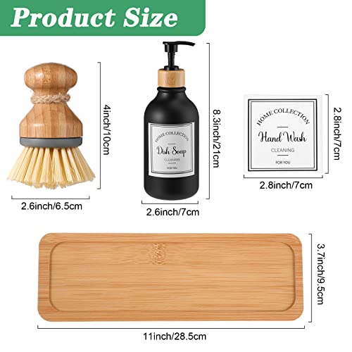 Zopeal 4 Pcs 16 oz Kitchen Soap Dispenser Set with Bamboo Tray and Dish Brush Plastic Soap Dispenser Set with Waterproof Labels for Hand Dish Lotion(Frosted Black) - color: Frosted Black