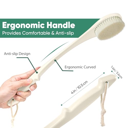 Back Scrubber for Shower, 17-Inch Shower Brush for Men and Women, Long Handle Exfoliating Body Brush, Medium Bristle Stiffness for Dry or Wet Brushing (Cream White) - size: 17 in - Cream White