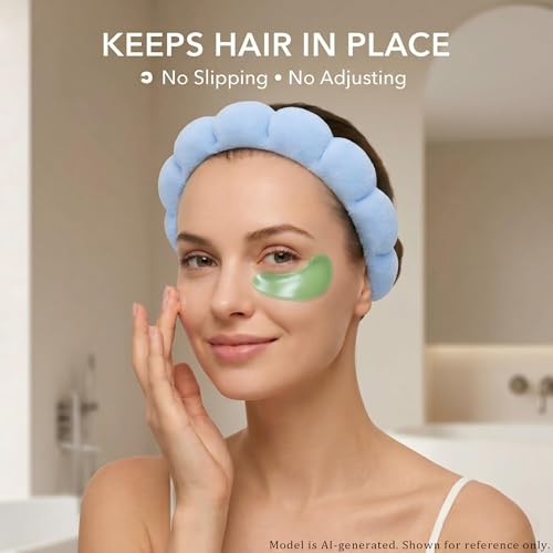Headband for Washing Face and Wristband Set, Blue | Soft absorbent fabric, snug head-hugging fit for face washing, skincare, makeup, masks, travel, women and teen girls - color: Blue