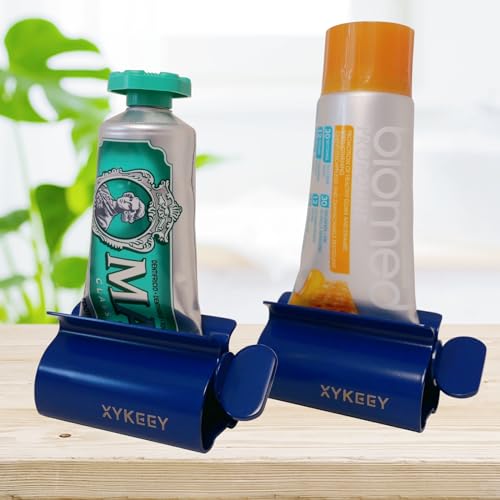 XYKEEY Toothpaste Tube Squeezer - Set of 2 Toothpaste Squeezer Rollers, Metal Toothpaste Tube Wringer Seat Holder Stand (Blue) - color: Blue