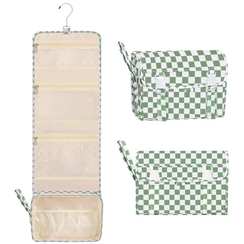 Relavel Travel Hanging Toiletry Bag for Women, Large Capacity Wash Bag with 360 degree Rotation Hanging Hook, Portable Toiletries Makeup Organizer Storage for Daily Use, Trip, Camping - Green Plaid - color: 02 Checkboard Green, size: Large