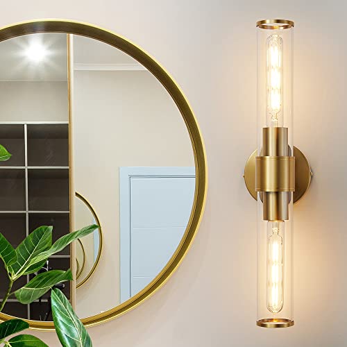 Hardwired Gold Bathroom Vanity Light Clear Glass Wall Sconce | Up & Down Bidirectional Lighting, Damp Rated For Bathrooms, Dimmable, Rustproof Gold Metal, 5-Year Manufacturer Warranty - color: Clear,Gold