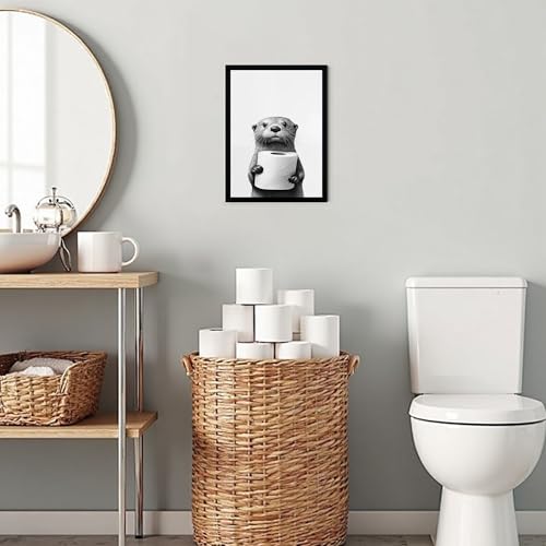 Urmoya Otter Holding Toilet Baper Funny Bathroom Decor Wall Art 12x16 in | Wood frame, Black and white bathroom decor, Otter with toilet roll print, Canvas print, Ready to hang - color: Otter, size: 16"L x 12"W