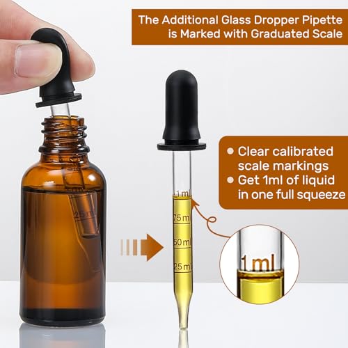 4 Pack, 2 oz Dropper Bottles with 2pcs Glass Pipettes(1ml) - Essential Oils Bottles for Health, Personal Care & Beauty - 60ml Thick Dark Amber Glass Tincture Bottle with Eye Droppers, Leakproof - color: with 2 Graduated Droppers