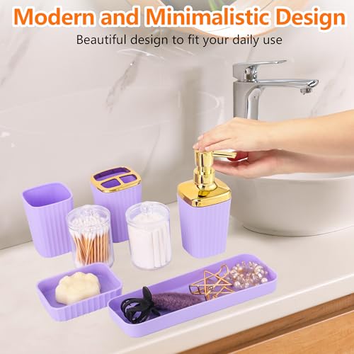 Bathroom Accessory Set,9 Pieces Purple Bathroom Accessories Set with Trash Can, Toothbrush Holder, Soap Dispenser, Toothbrush Cup, Vanity Tray, Soap Dish, Toilet Brush, Qtip Holder - color: Purple