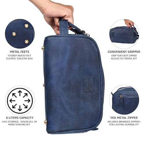 LEATHER VILLAGE Genuine Leather Toiletry Travel Bag With Waterproof Lining - Blue | King-Size Handcrafted Vintage Dopp Kit Bag, Shaving & Bathroom Organizer, Gift for Men & Women - color: Blue
