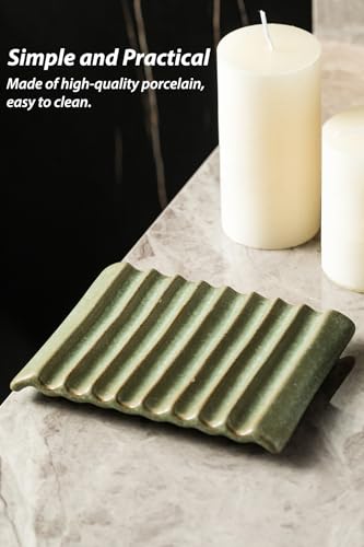 Zoeeker Soap Dish, Ceramic Soap Holder Bar Soap Saver Non-Slip Bathroom Accessories for Sponges, Scrubber, Razor, Green - color: Green, size: Wave