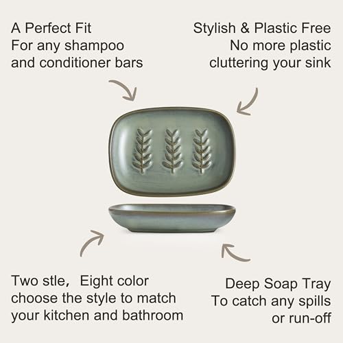 Miamolo Ceramic Soap Dish Bar Soap Holder for Shower, Soap Dishes for Bar Soap Sponge, Shower Soap Saver Tray for Bathtub Bathroom Kitchen Sink, Housewarming Gift, Pro-Environment, Dark Green - color: Dark Green, size: Leaf Design