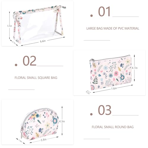 Richeart Makeup Bag, Clear Bag with Zipper, 3PC Floral Flowers Makeup Pouch, Waterproof Small Pouch, Portable Travel Toiletry Bag, C - style: C