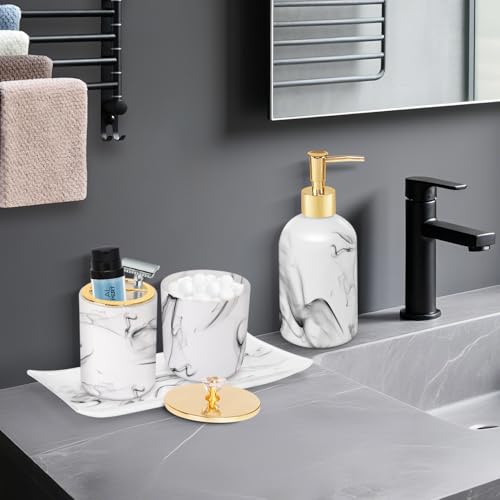 Haturi Bathroom Accessories Set, 4 Pcs Marble Look Sets Soap Dispenser & Toothbrush Holder Counter Top Restroom Apartment Decor Stuff, Glass Kits, Gift for Women and Men, Ink White - style: White