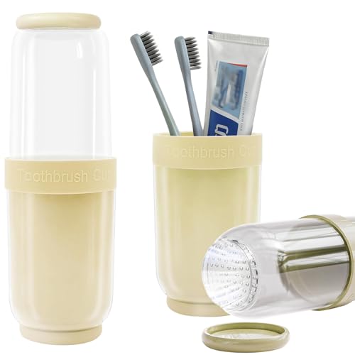 Breathable Toothbrush Travel Case, 2 in 1 Portable Travel Toothbrush Holder and Mouthwash Cup, Large Capacity Toothbrush Cup with Lid for School, Camping, Business Trip, Bathroom, Cruise (Beige) - color: Beige