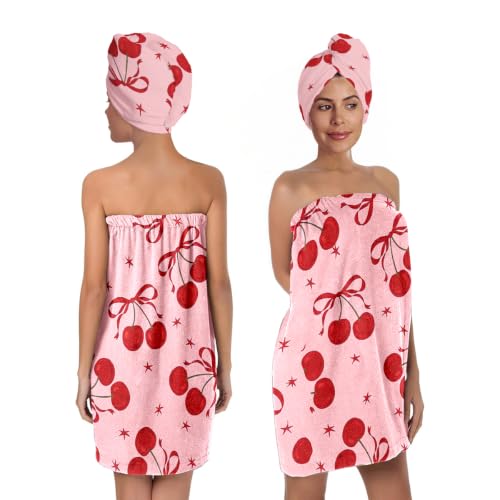 Women’s Pink Cherry Spa Wrap & Hair Towel Set - Soft Microfiber Body Wrap with 3-Snap Closure, Absorbent Quick Dry Hair Turban, Cute Coquette Bow Aesthetic Bathrobe (Cherry 12, Medium) - color: Cherry 12
