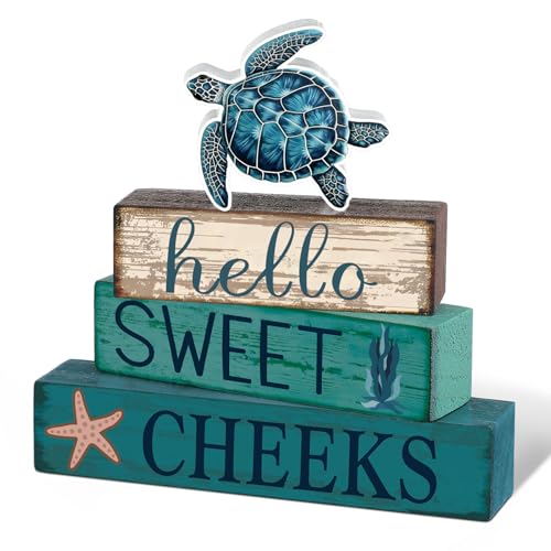 Cinnvoice 4 Pcs Sea Turtle Bathroom Decor Farmhouse Bathroom Decoration Hello Sweet Cheeks Table Centerpiece Gift for Christmas Valentines Back to School - style: Sea Turtle Hello Sweet Cheeks