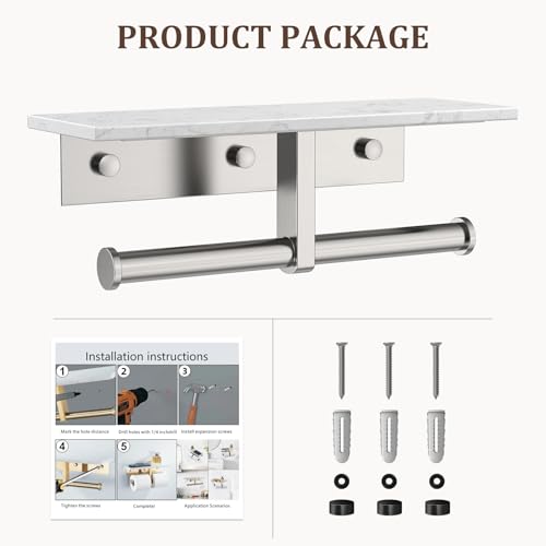 BWE Double Toilet Paper Holder with Shelf, Wall Mounted Tissue Roll Holder for Bathroom, Commercial Toilet Paper Dispenser, Marble Toilet Paper Storage Holder with Phone Shelf (Brushed Nickel) - color: Double Brushed Nickel
