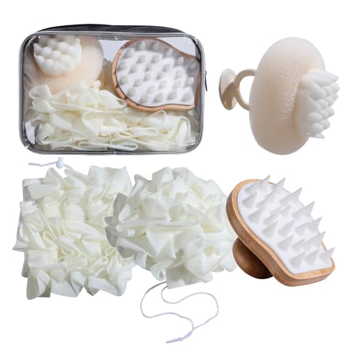 Bath Tools Set, 5 PCS Loofah Washcloth Combo 2-in-1, Suction Cup Bath Ball，Silicone Body Bath Brush with Waterproof Cosmetic Bag, for Body Wash and Smooth Skin