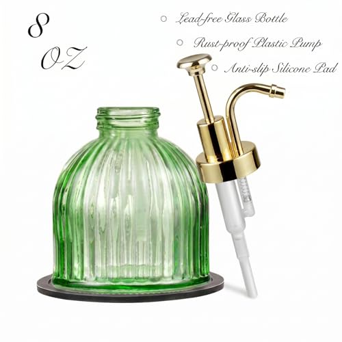 SheeChung 8 Oz Glass Soap Dispenser Bathroom, Green Liquid Hand Soap Dispenser with Pump, Refillable Dish Soap Dispenser for Kitchen, Cute Modern Stripes Lotion Bottle, Shampoo (Gold Pump, 2 Pack) - color: Green-gold Pump, 2 Pack