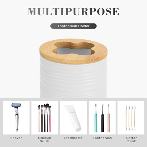 2 PCS White Bathroom Accessories Set, Soap Dispenser and Toothbrush Holder Set, Plastics & Bamboo Bathroom Set, Bohemian Style Bathroom Sink Set - color: White, size: 2 PCS
