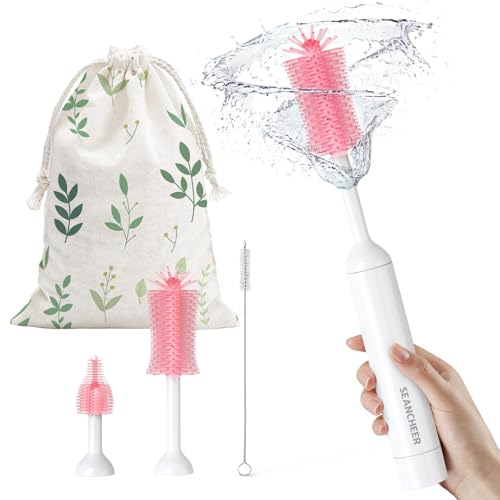 SEANCHEER S02 Electric Bottle Brush Set, Portable Baby Bottle Brush Cleaner, AA Battery-Powered & IPX7 Waterproof, with Silicone Bottle/Nipple/Straw Brush, for Home & Travel (Pink) - color: White-pink