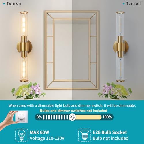 Hardwired Gold Bathroom Vanity Light Clear Glass Wall Sconce | Up & Down Bidirectional Lighting, Damp Rated For Bathrooms, Dimmable, Rustproof Gold Metal, 5-Year Manufacturer Warranty - color: Clear,Gold