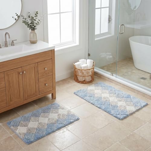 THE BEER VALLEY Set of 2 Albany Bath Rug 21x32/17x24 Inch - Blue | Non Slip Cotton Absorbent Bathmat for Bathroom, Washable Soft Toilet Bathrug - color: Blue Combo