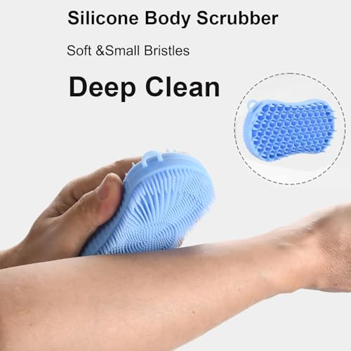 Silicone Body Scrubber, Double Sided Exfoliating Brush with Soft Flexible Bristles, Scalp Massage and Shampoo Tool with Hanger Loop, (Blue) - color: Blue
