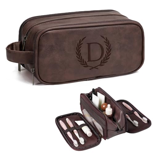 Travel Toiletry Bag For Mens PU Leather Engraved Initials (Dark Brown D) | Personalized Gifts For Father Husband Groomsmen Birthday Waterproof Dopp Kit Bag Beach Travel Essentials Bathroom Organizer - color: Dark Brown, style: D
