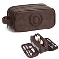 Travel Toiletry Bag For Mens PU Leather Engraved Initials (Dark Brown D) | Personalized Gifts For Father Husband Groomsmen Birthday Waterproof Dopp Kit Bag Beach Travel Essentials Bathroom Organizer - color: Dark Brown, style: D